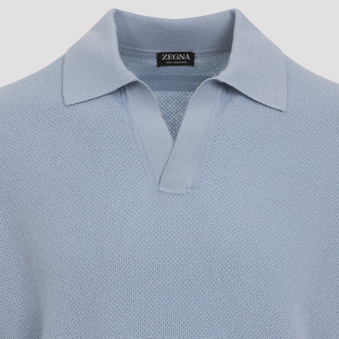 Zegna Light Blue Cashmere Polo With Fine Ribbed Edges