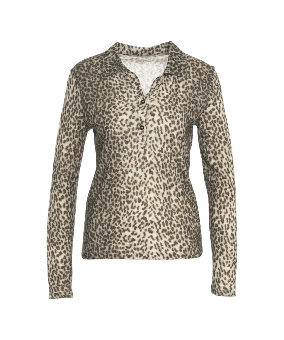 Majestic Filatures Long-Sleeve Semi-Sheer Polo With Animal Print