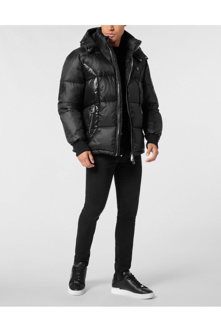 Philipp Plein Black Mixed Matte-Gloss Quilted Hexagon Patch Nylon Down Jacket
