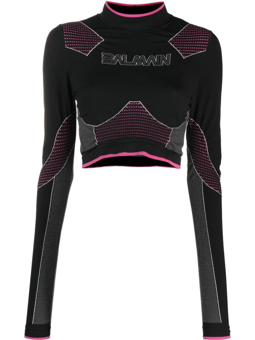 Balmain Black Seamless Jersey Cropped Polyamide Top