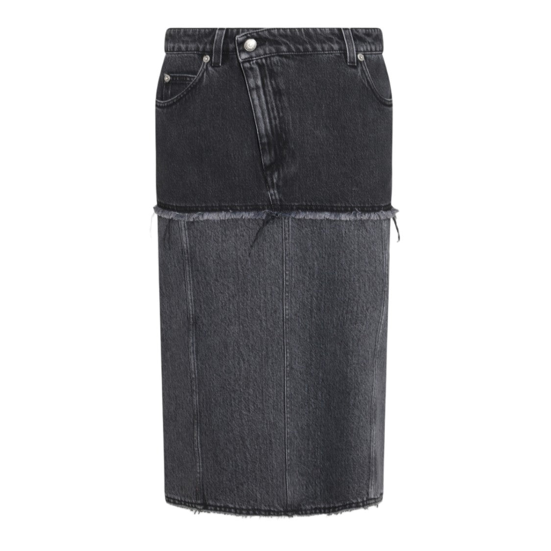 Alexander Mcqueen Two-Tone Denim Midi Skirt With Frayed Hem