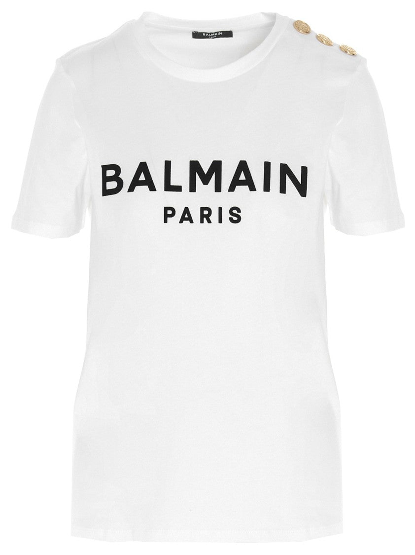 Balmain Logo Print Crewneck T-Shirt With Decorative Buttons