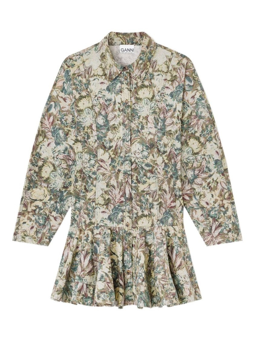 Ganni Green Floral Mini Dress With Ruffled Hem