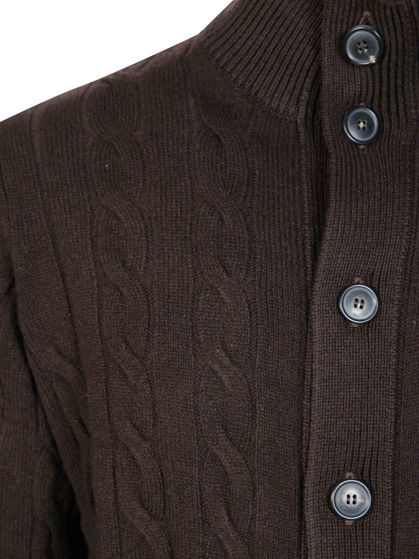 Filippo De Laurentiis Brown Cable Knit Stand-Up Collar Bomber Jacket