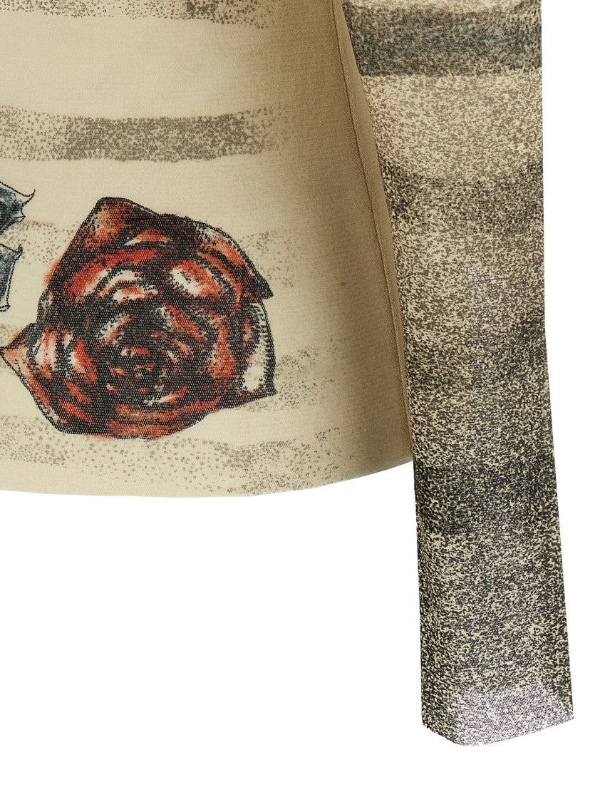 Jean Paul Gaultier Printed Stretch Tulle Top With Crew Neck