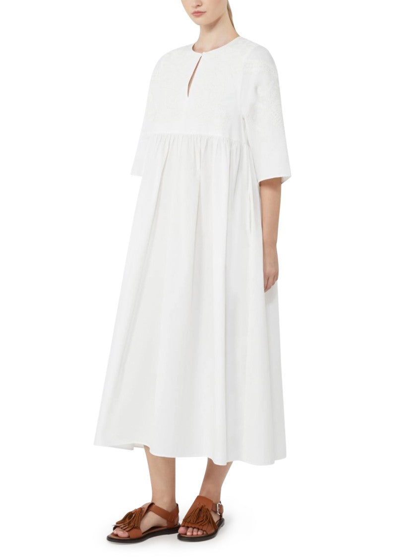 Max Mara Midi Dress With Gathered Waist And Floral Embroidery