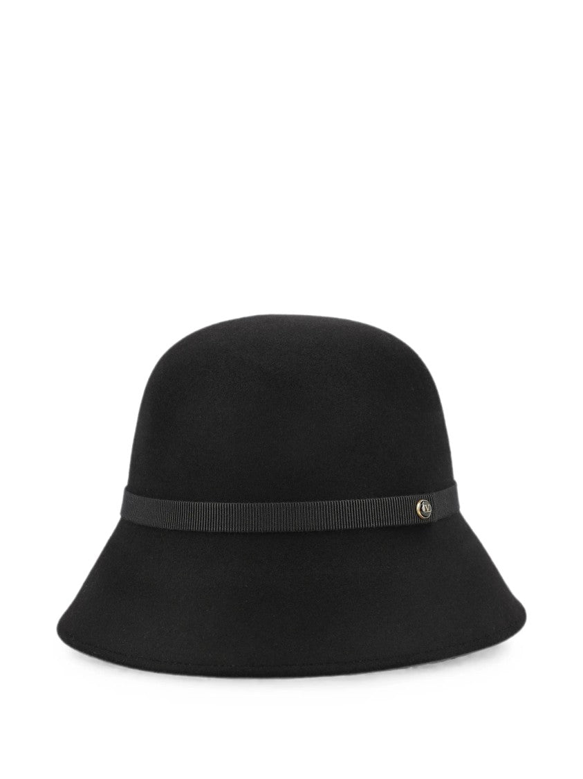 Valentino Black Merino Bucket Hat With Grosgrain Ribbon And Metallic Logo
