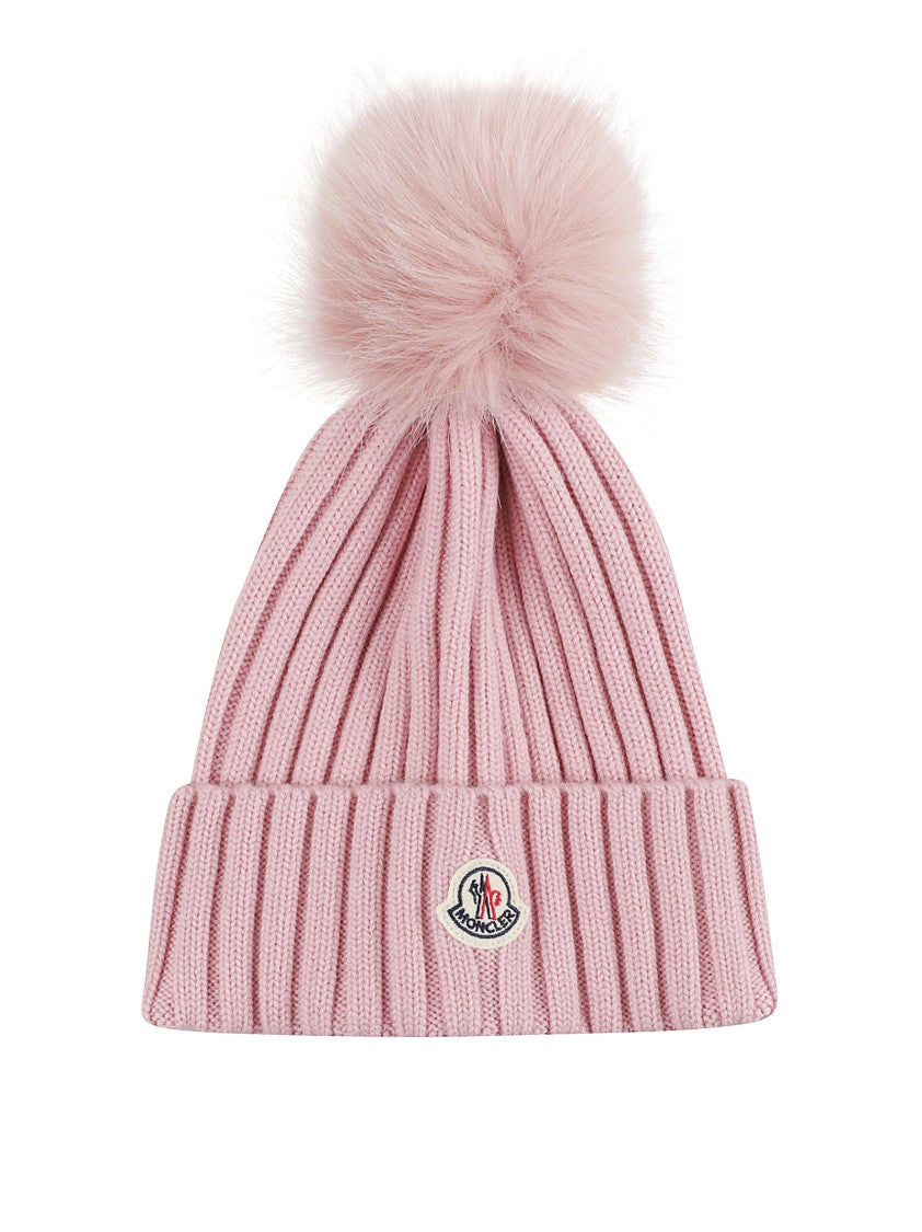 Moncler Ribbed Knit Wool Hat With Fluffy Pompom