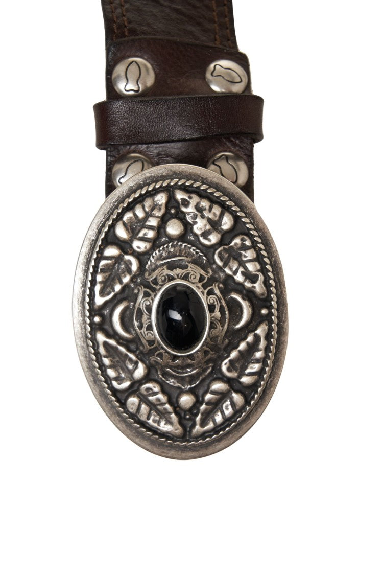 Campomaggi Hammered Leather Belt With Ornate Buckle And Decorative Stone