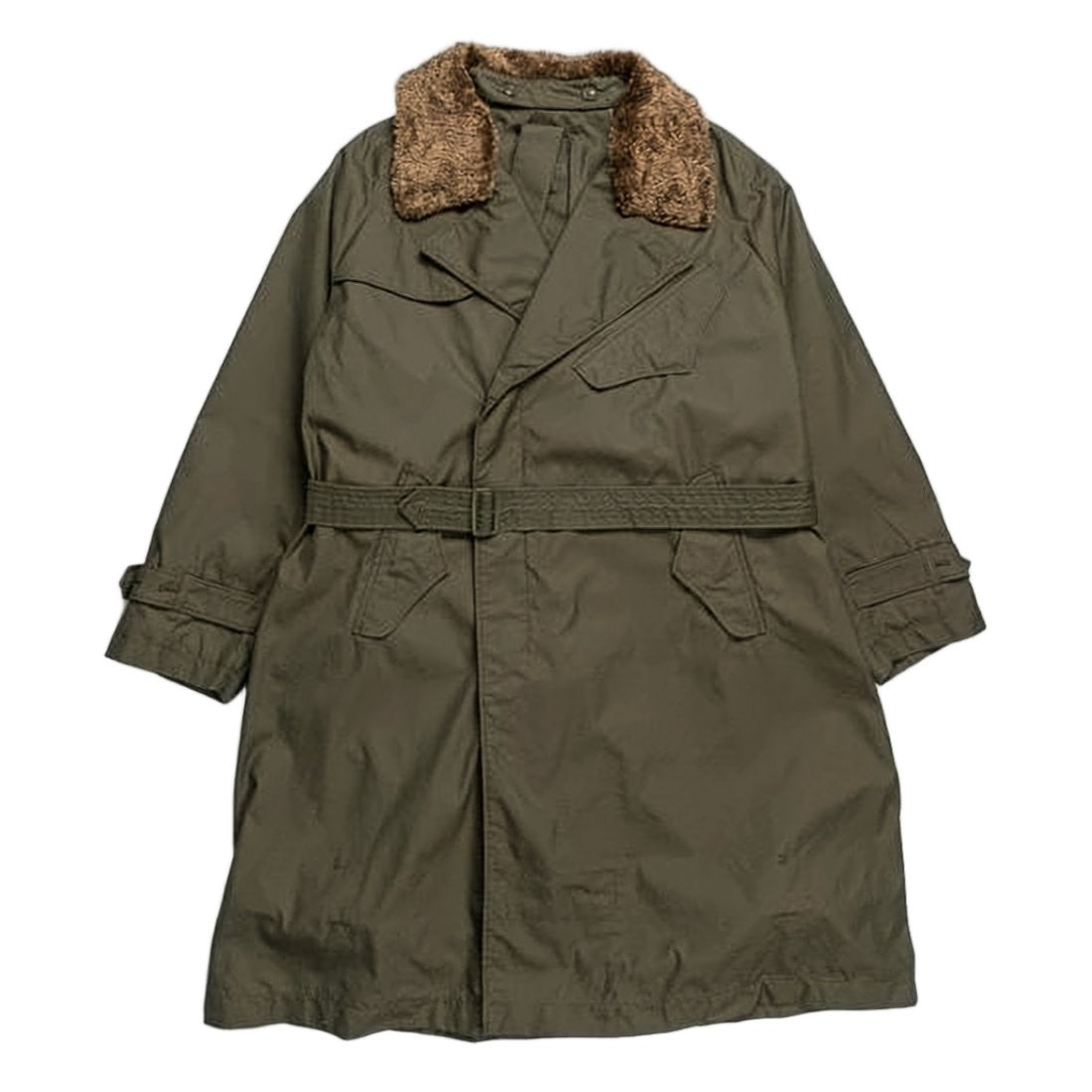 Engineered Garments Olive Green Belted Coat With Faux Fur Collar