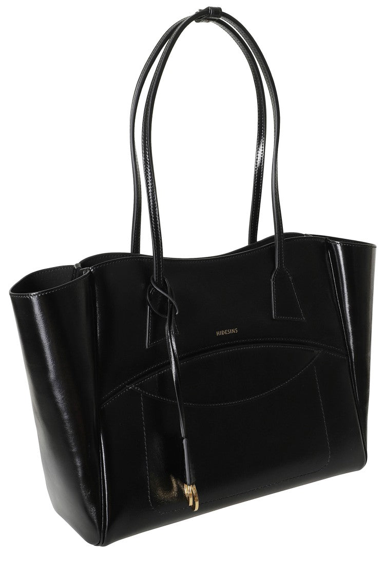 Hidesins Black Two-Tone Shopper Gold Logo Leather Tote Bag