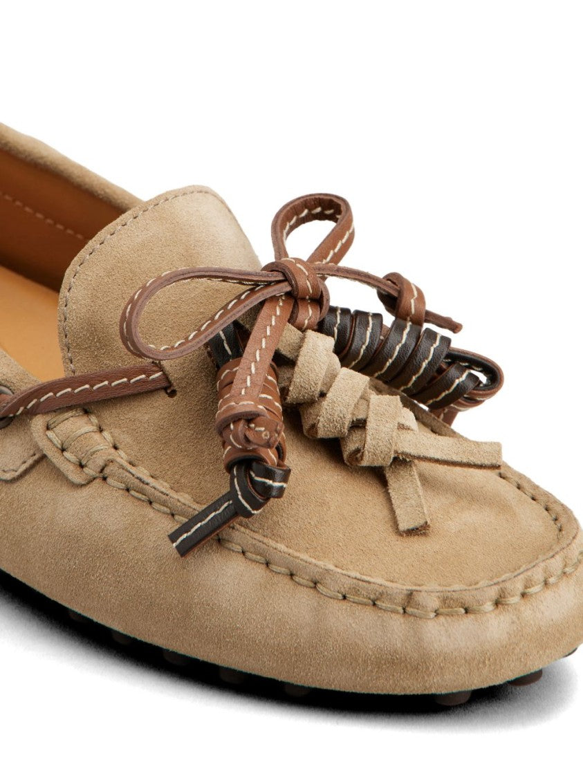 Tod's Beige Suede Flats With Front Tie And Contrast Stitching
