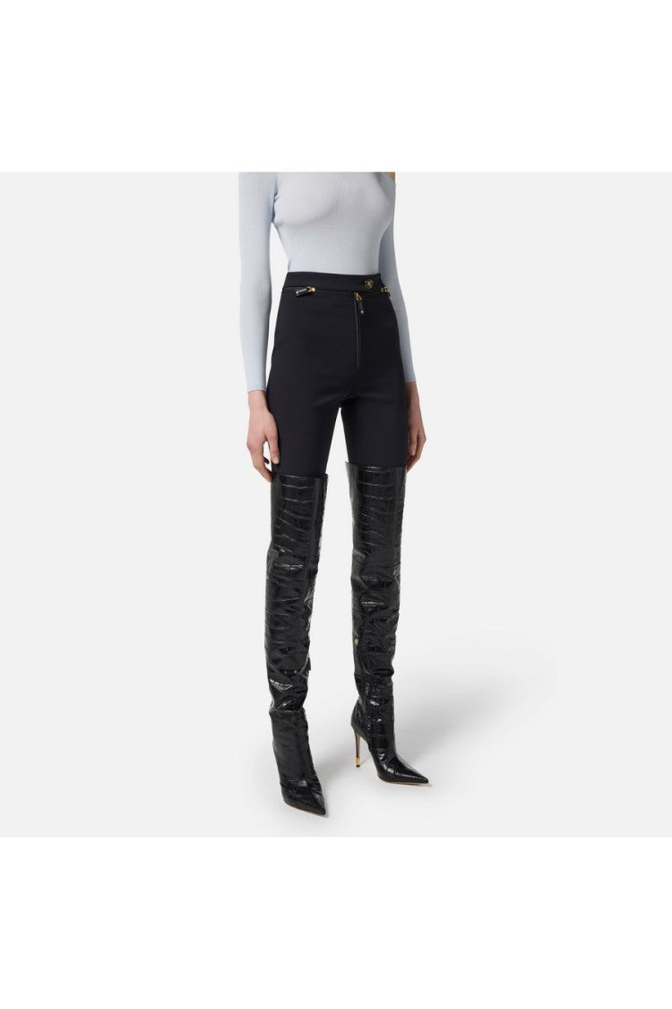 Elisabetta Franchi Black Logo Button Flap Pocket Polyester-Blend Cropped Pants
