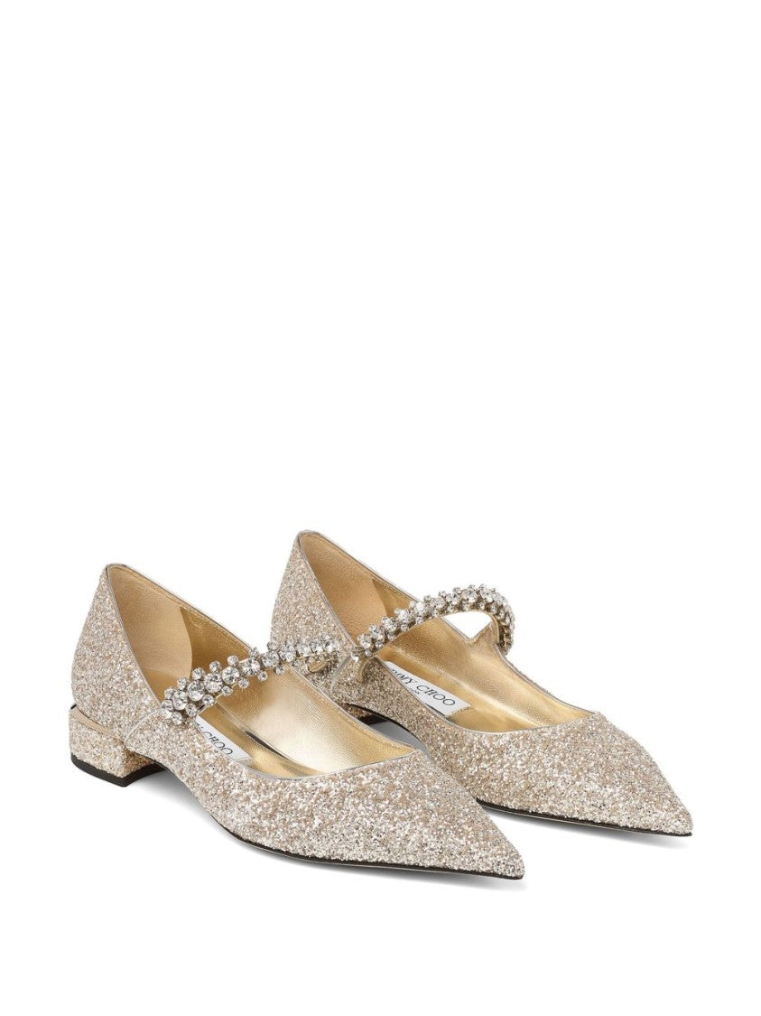 Jimmy Choo Pointed-Toe Glitter Flats With Crystal Embellished Strap