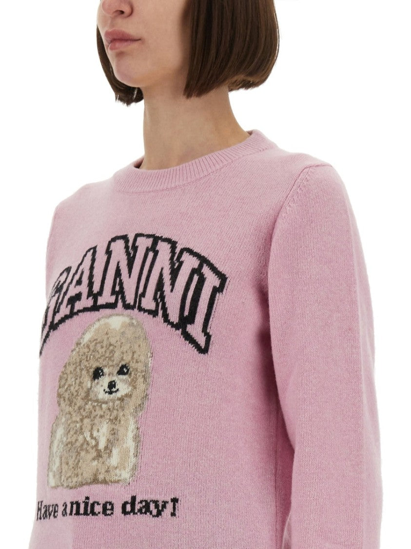 Ganni Playful Graphic Knit Sweater With Dog Design