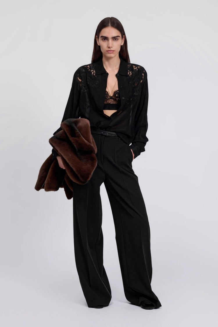 Ermanno Black Floral Lace Yoke Viscose Shirt
