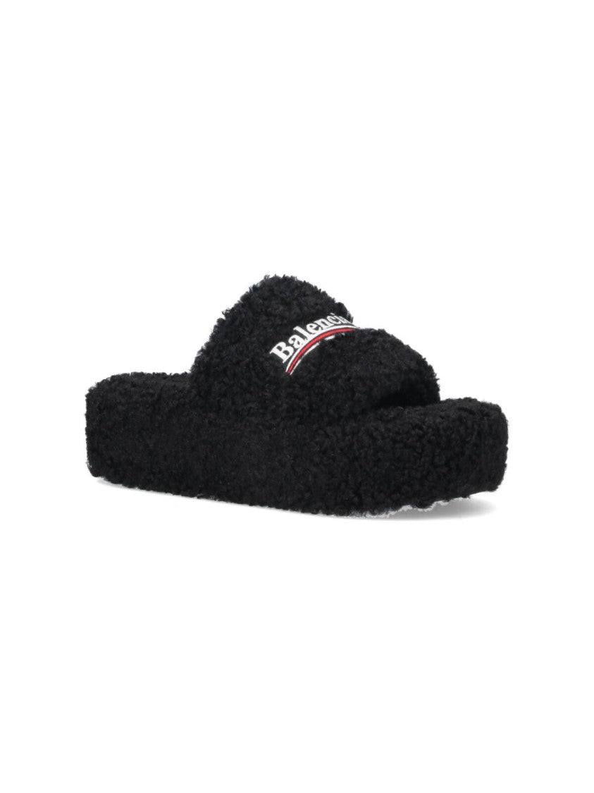 Balenciaga Black Furry Fabric Slides Sandals