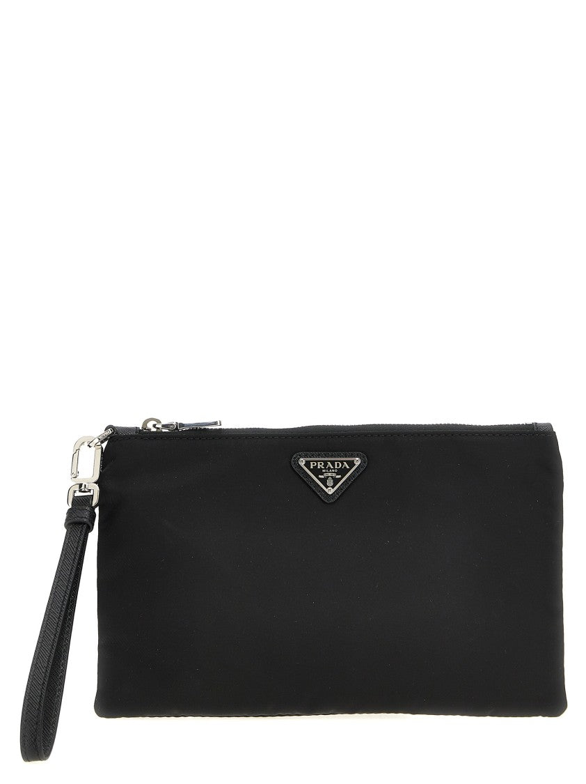 Prada Sleek Rectangular Re-Nylon Clutch With Saffiano Leather Accents
