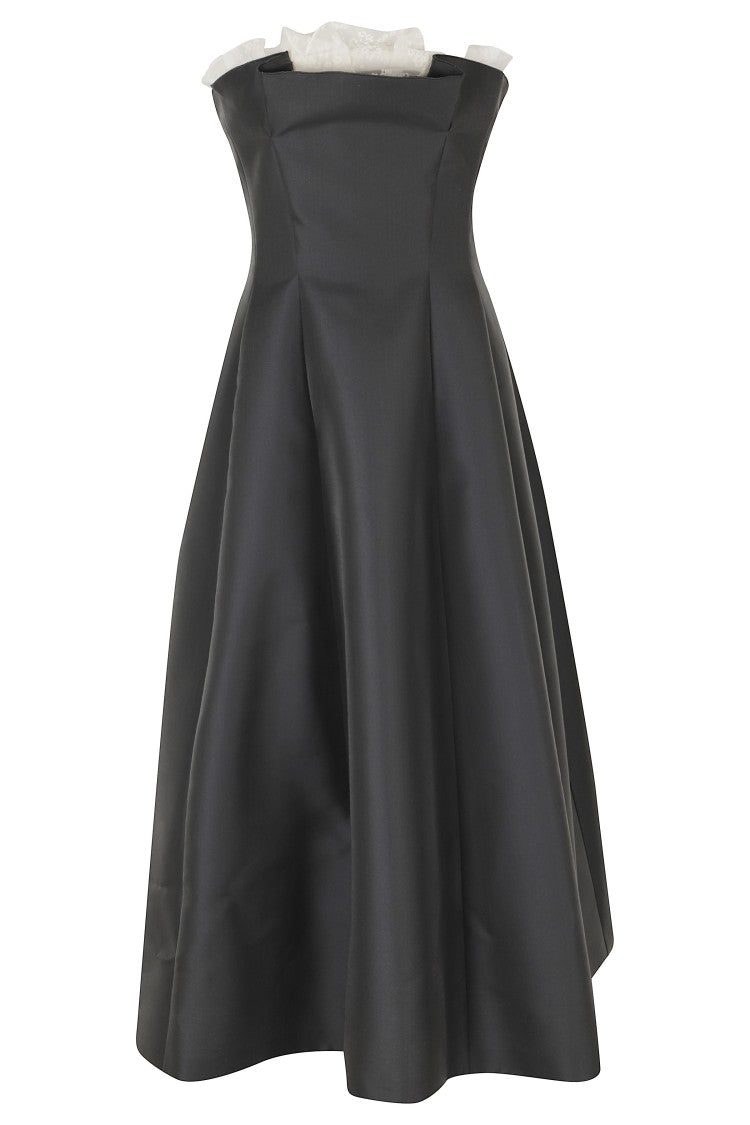 Alberta Ferretti Gray Mikado Lace Geometric Neckline Silk-Blend Dress
