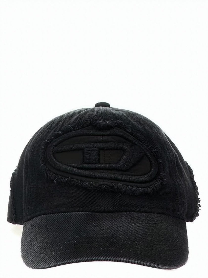 Diesel Distressed Black Cotton Cap With Embroidered Patch