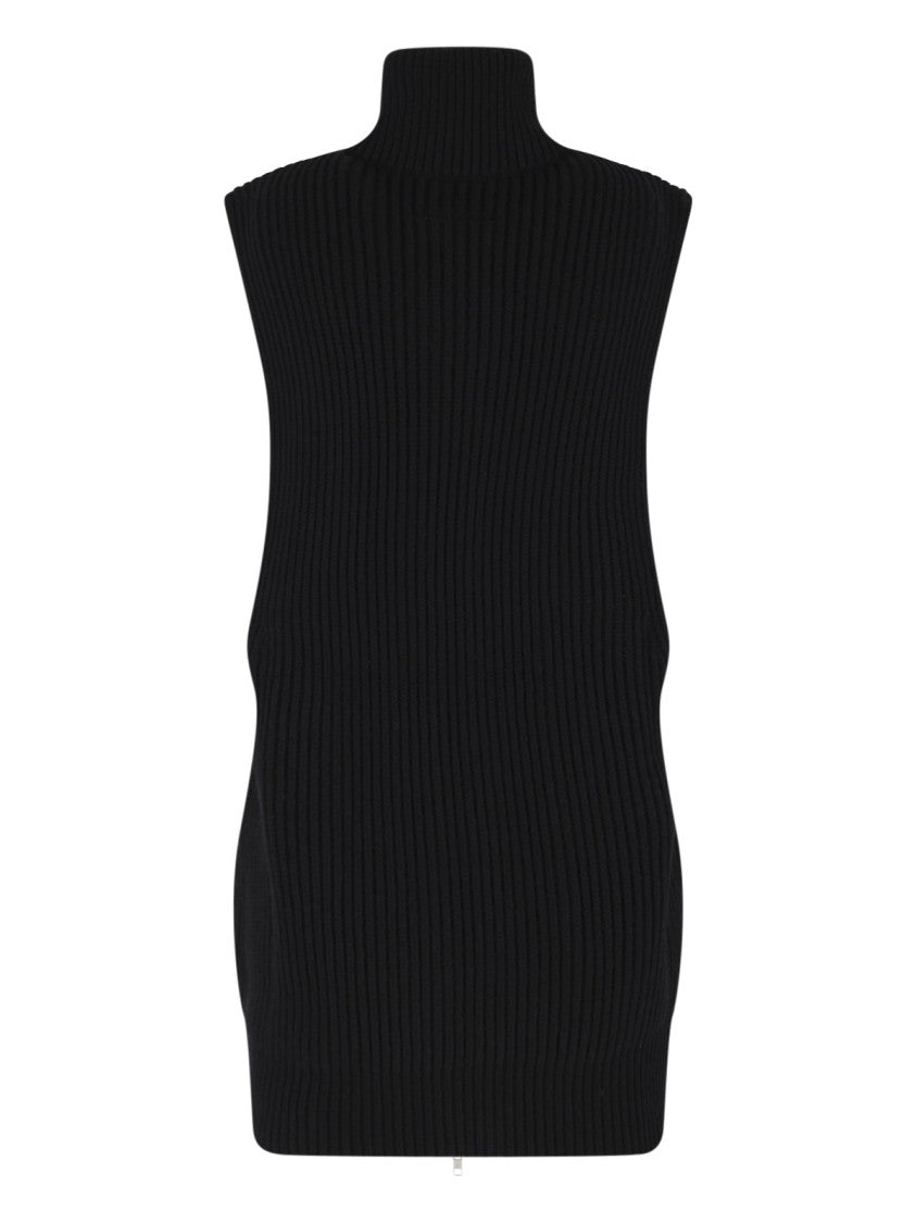 Mm6 By Maison Margiela Ribbed Knit Black Vest With High Collar And Zipper Closure