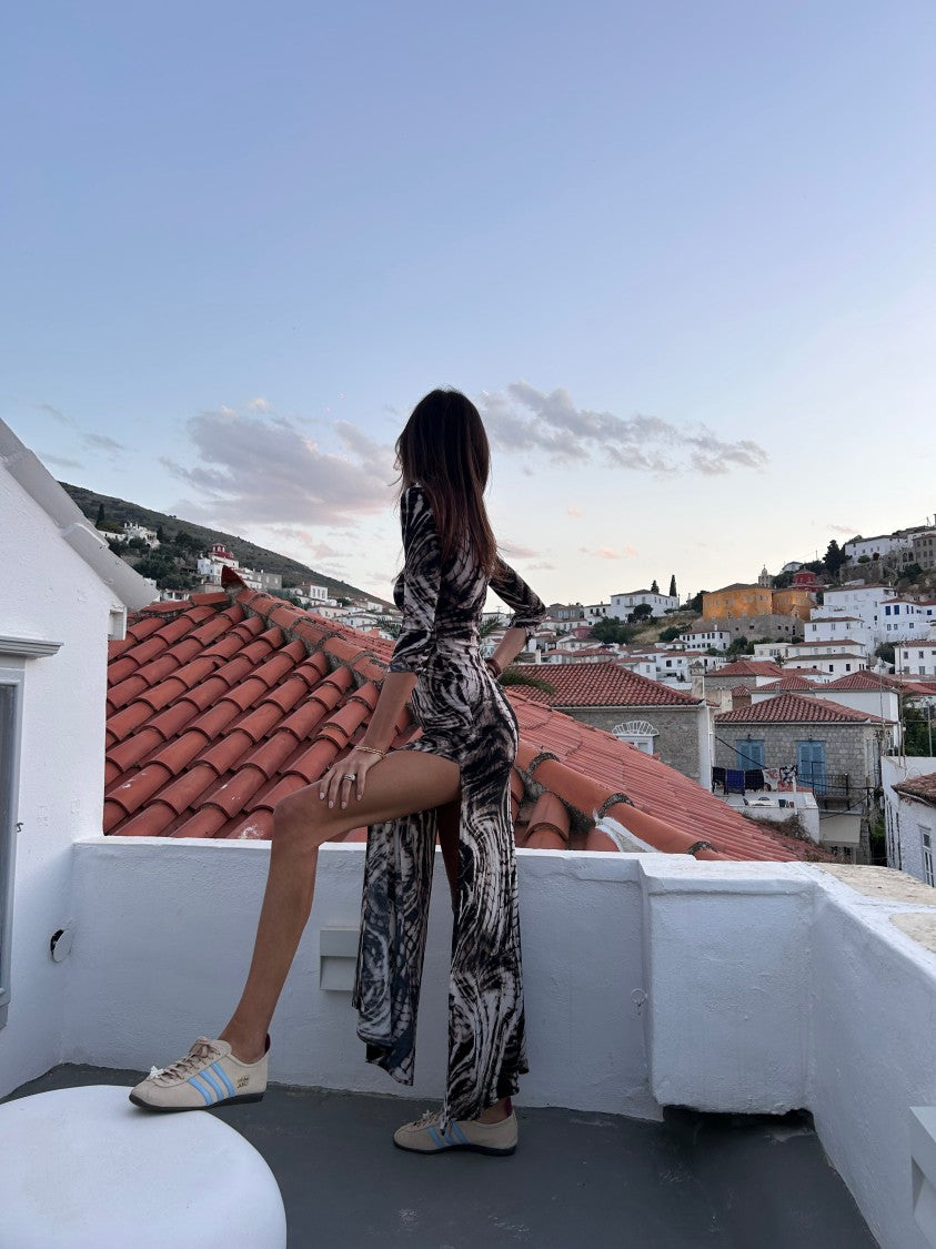 Hawa Made From Love Fitted Maxi Dress With Serpentine Pattern And Thigh-High Slit