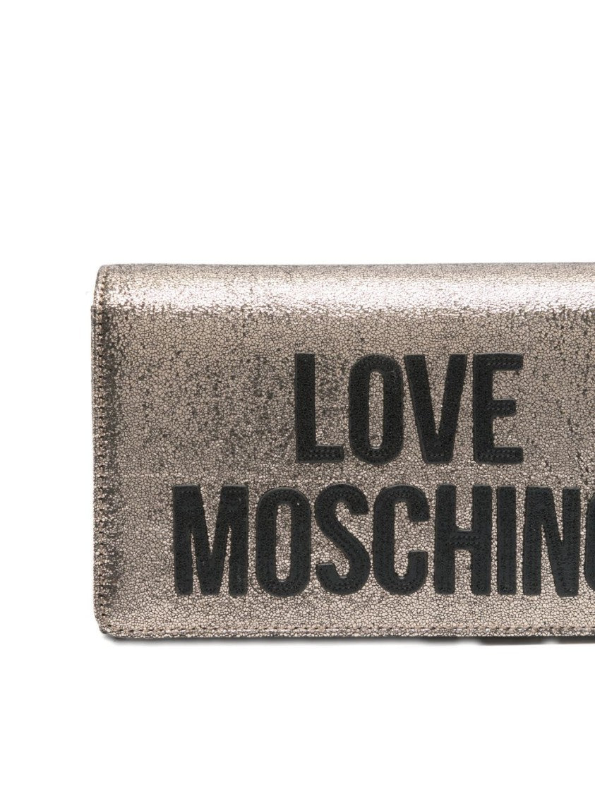 Love Moschino Rectangular Gold Textured Shoulder Bag With Chain Strap