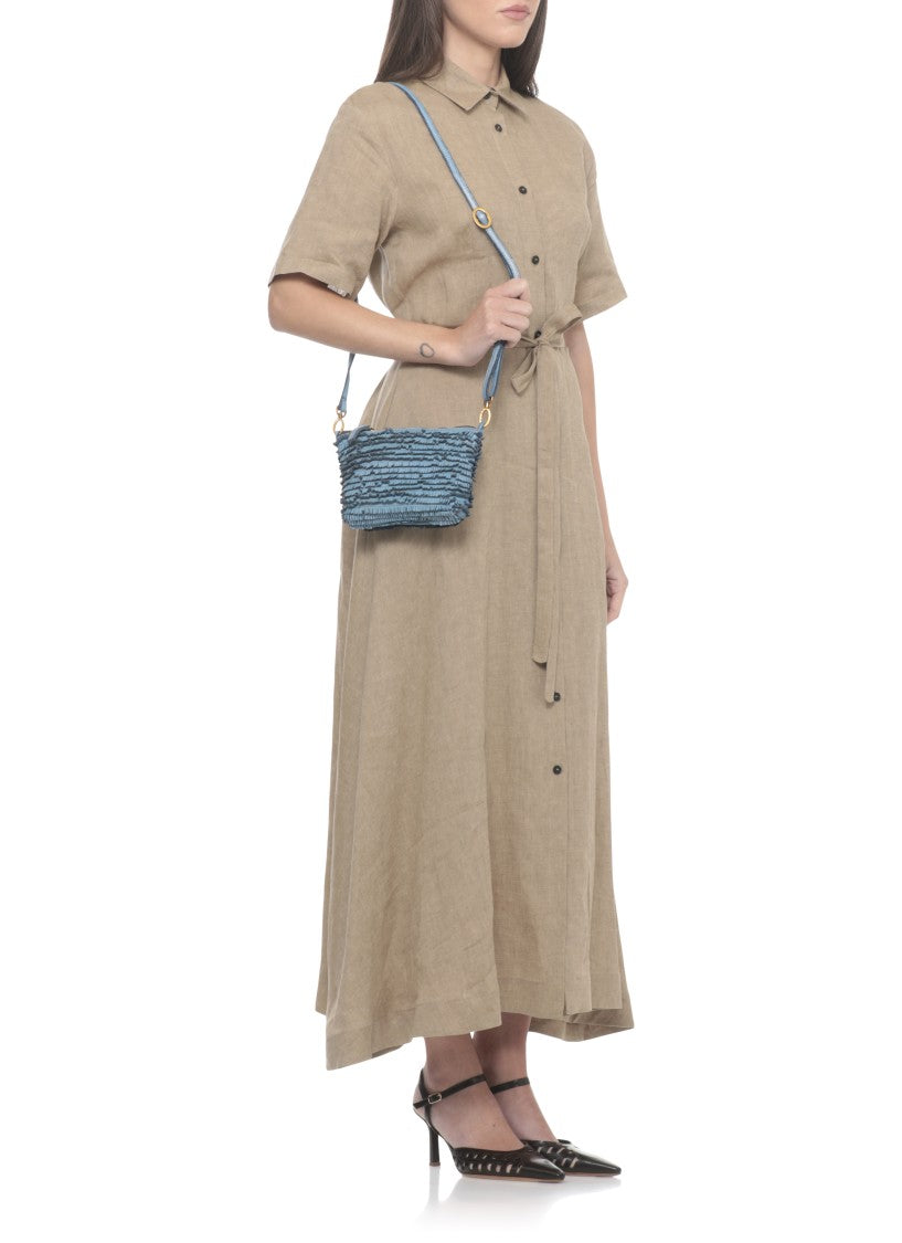 Majo Textured Blue Leather Shoulder Bag With Fringed Details