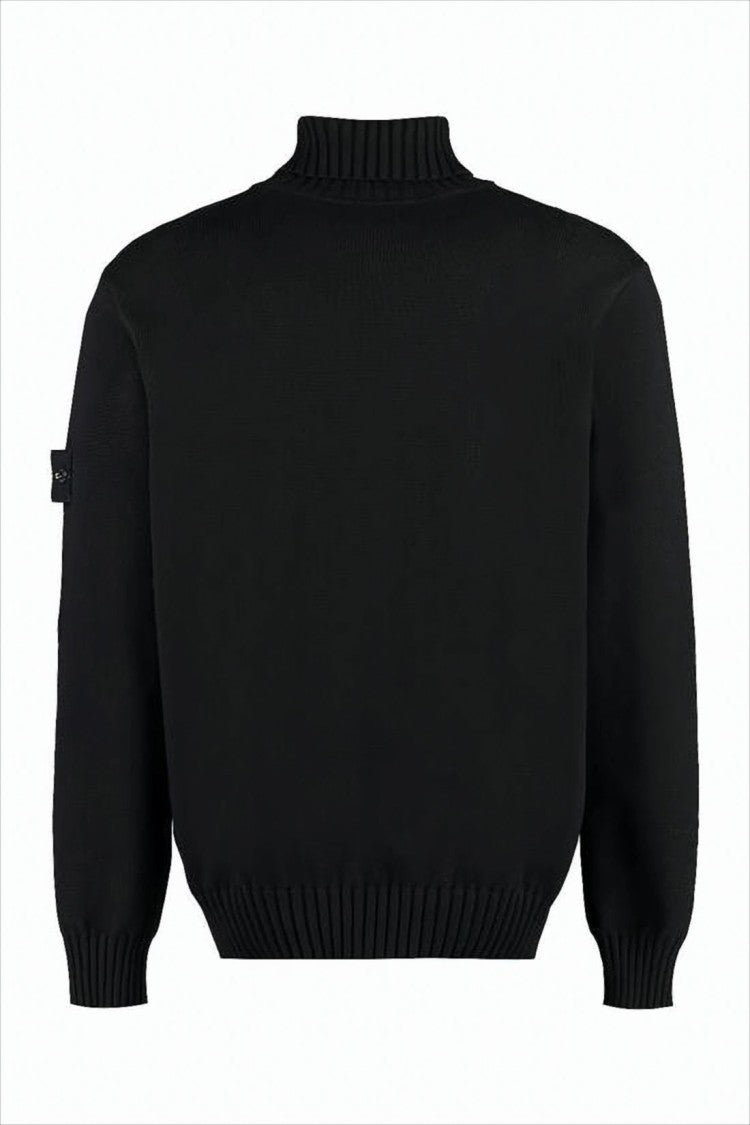 Stone Island Ribbed Black Turtleneck Sweater With Classic High Collar