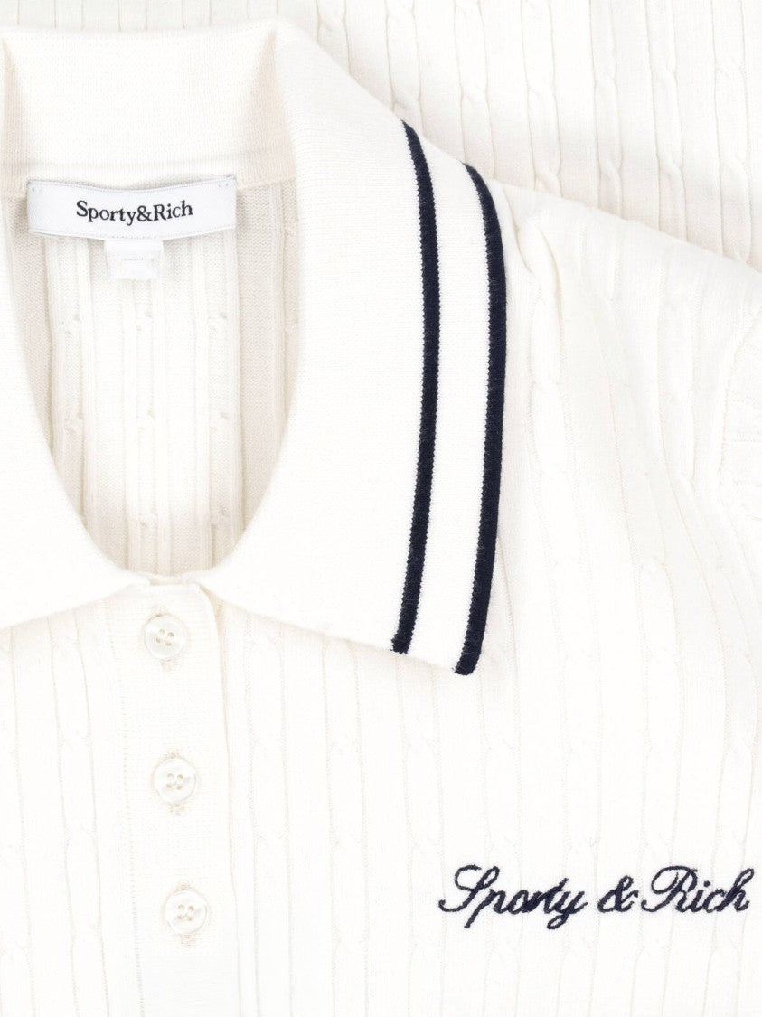 Sporty And Rich Ribbed Texture Polo Shirt With Contrasting Stripes