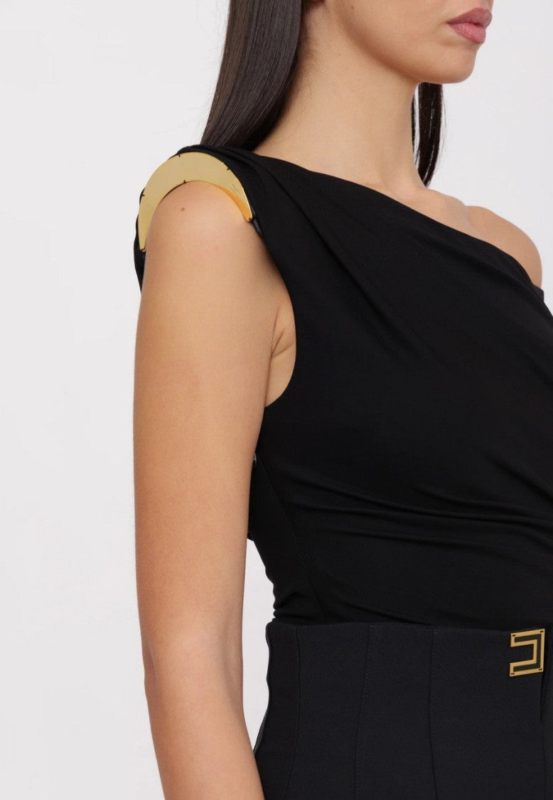 Elisabetta Franchi Black One-Shoulder Mesh Panel Viscose-Blend Bodysuit
