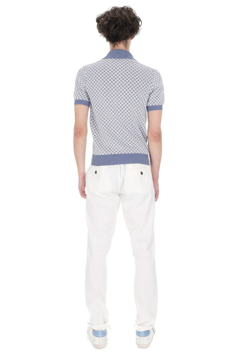 Drumohr White Blue Biscottino Cotton-Linen Polo Shirt