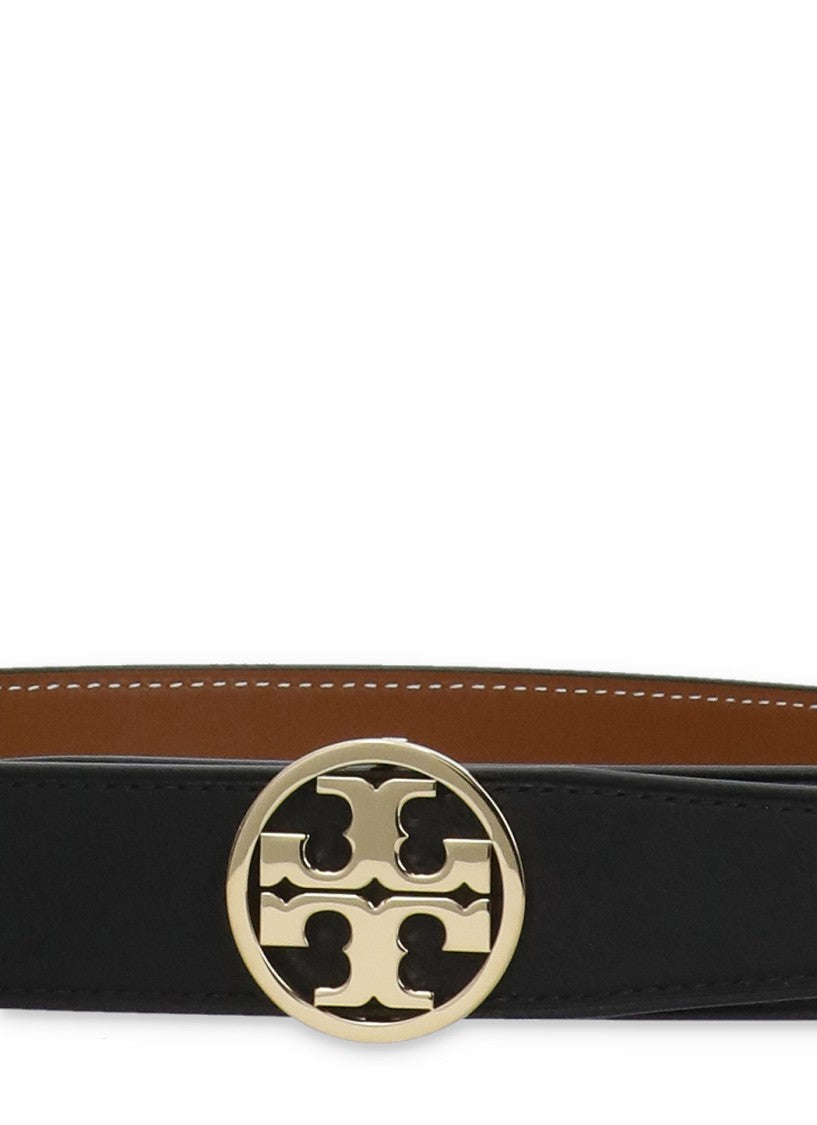 Tory Burch Black Brown Iconic Metal Buckle Reversible Leather Belt