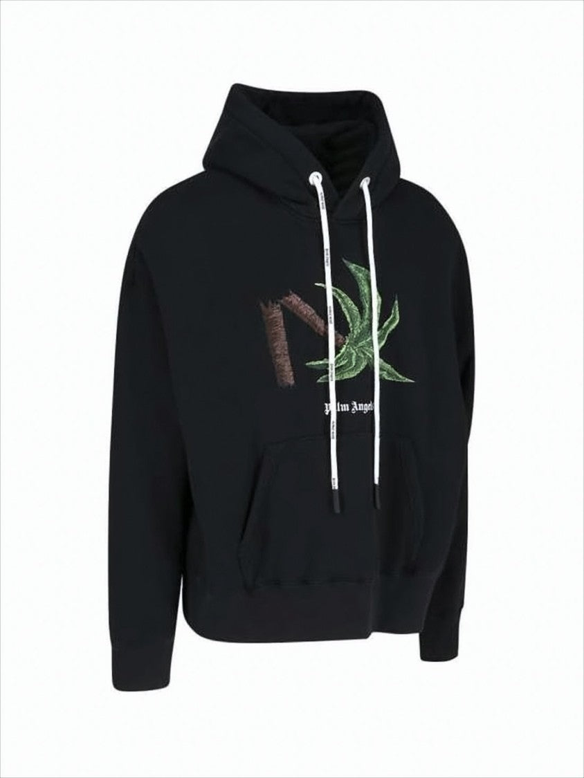 Palm Angels Cropped Black Hoodie With Embroidered Leaf Design
