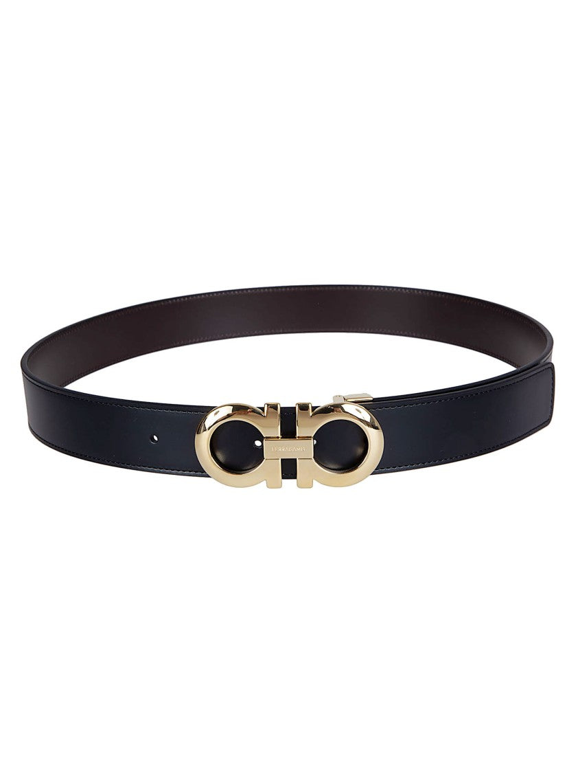 Ferragamo Black Leather Belt With Sculpted Gold-Tone Buckle