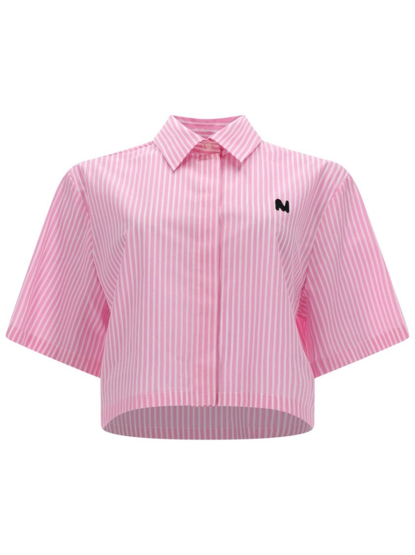 Msgm Crop Cotton Striped Shirt