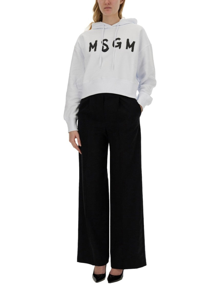 Msgm Cropped White Sweatshirt With Contrasting Logo