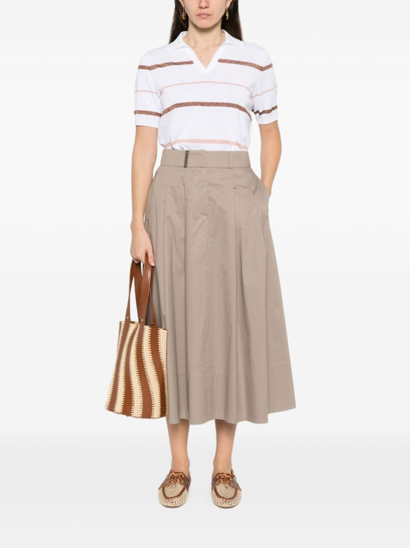 Peserico White Short-Sleeved V-Neck Top With Subtle Stripes