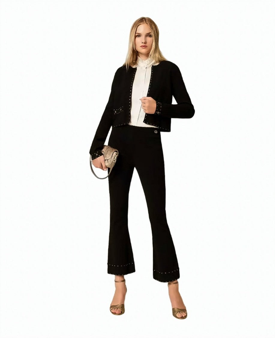 Twin-Set Black Rhinestone Studded Viscose-Blend Knit Cardigan