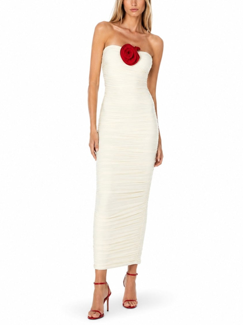 La Reveche Mireya Strapless Ruched Floral Midi Dress