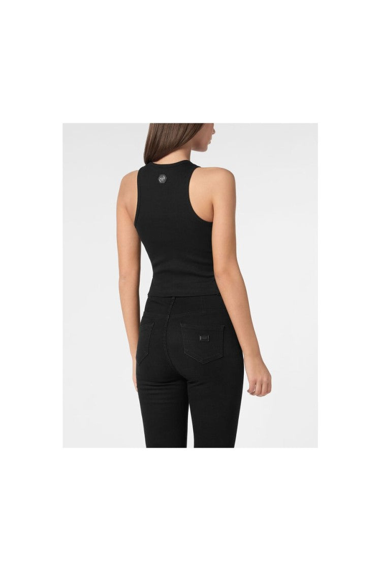Philipp Plein Black Ribbed Beaded-Fringe Tank