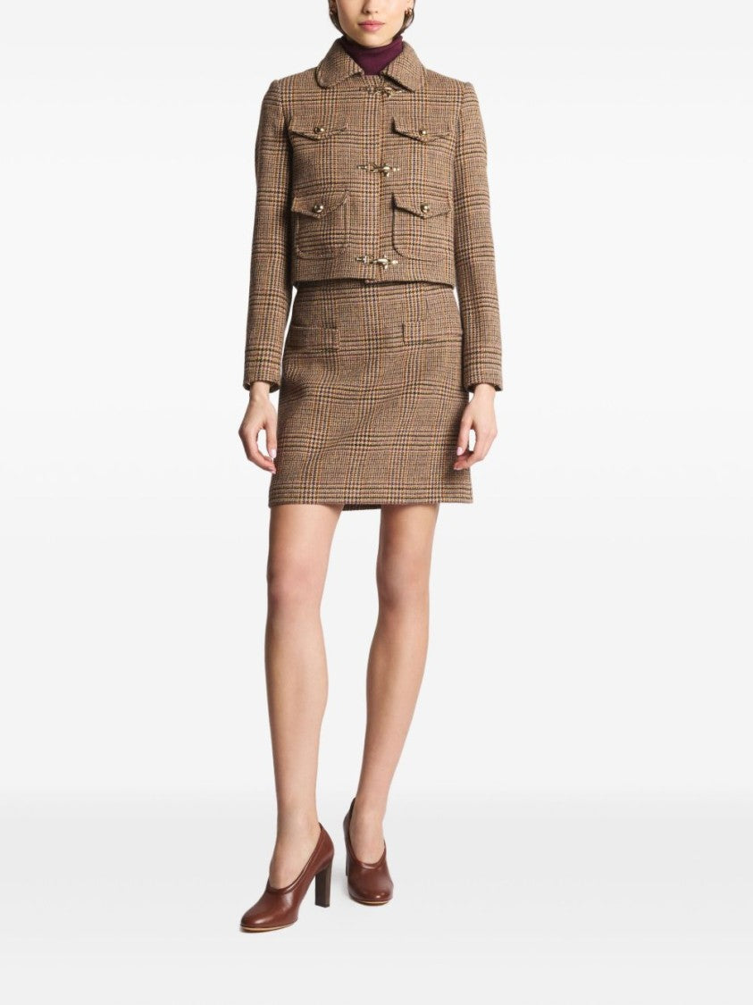 Fay Beige Cropped Jacket With Classic Checkered Pattern