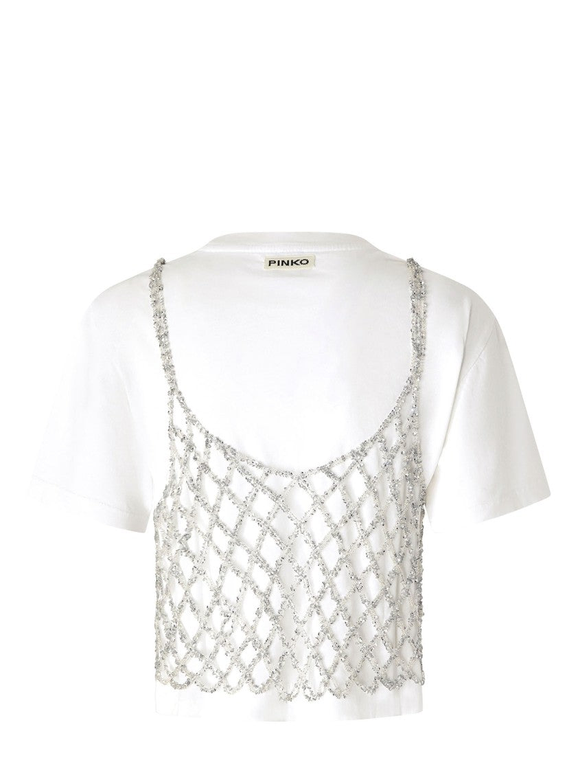 Pinko Cotton Crop T-Shirt With Silver Crochet Overlay