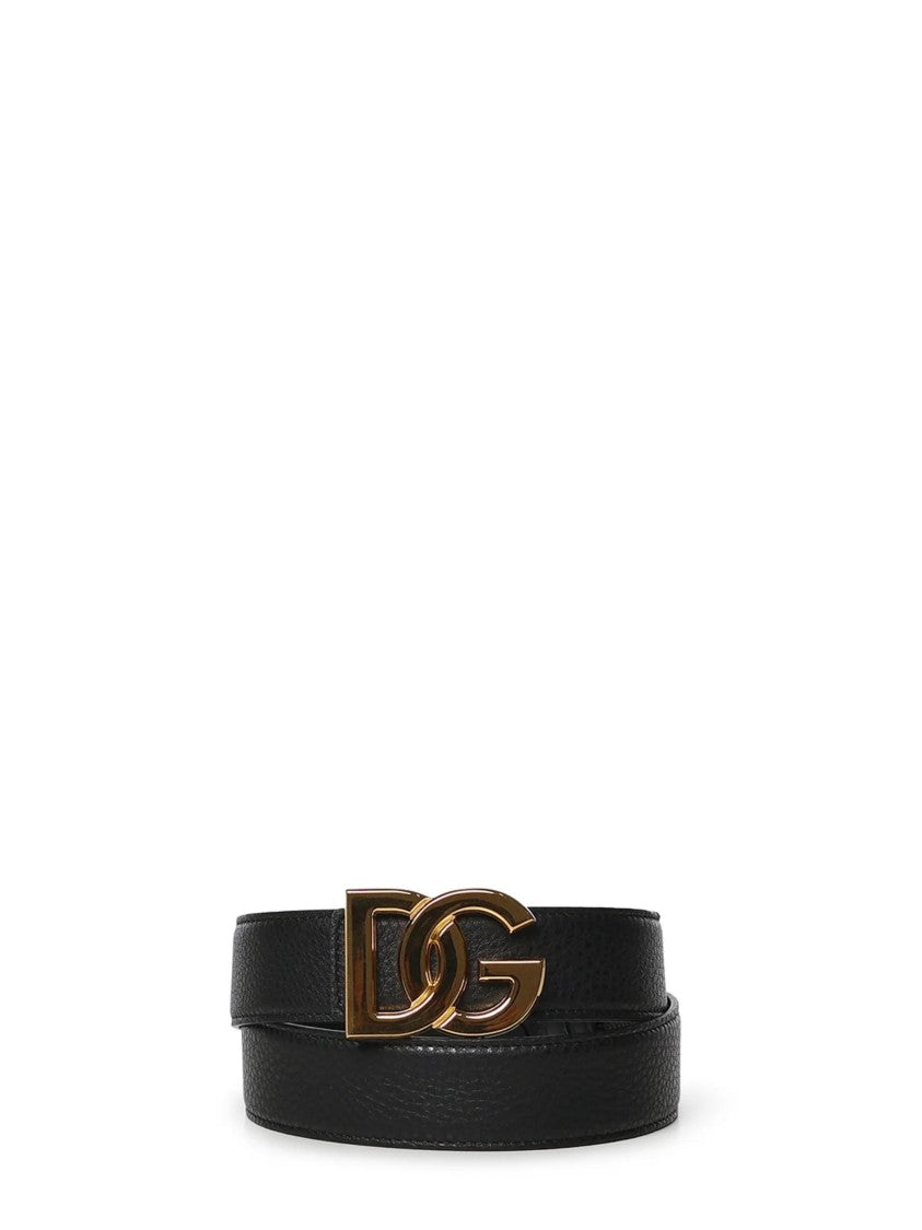 Dolce & Gabbana Textured Leather Belt With Iconic Gold-Tone Dg Buckle