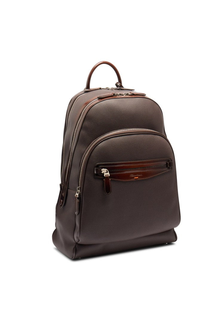 Santoni Artisanal Brown Leather Backpack With Dual Compartments
