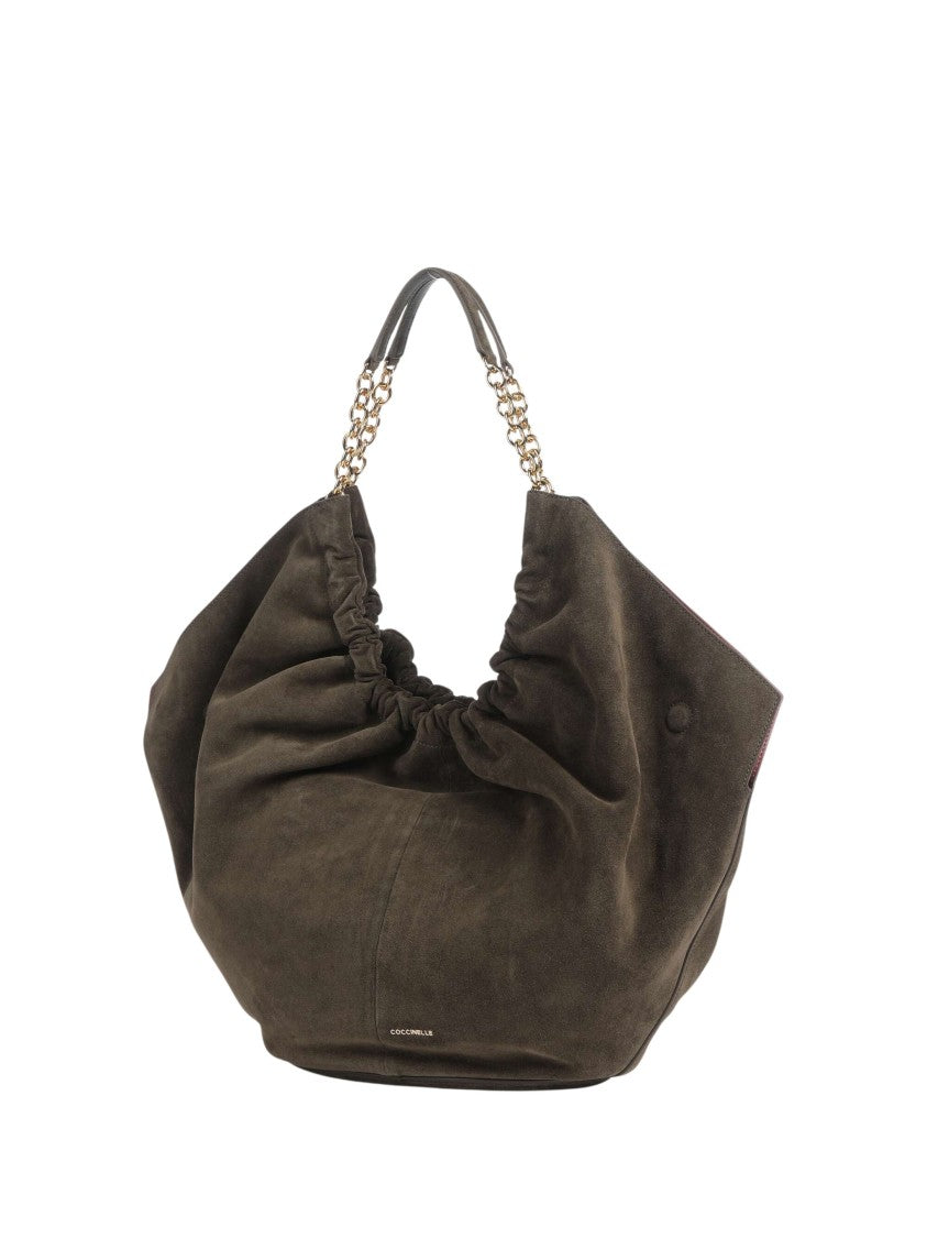Coccinelle Ruched Brown Suede Shoulder Bag With Gold-Colored Accents