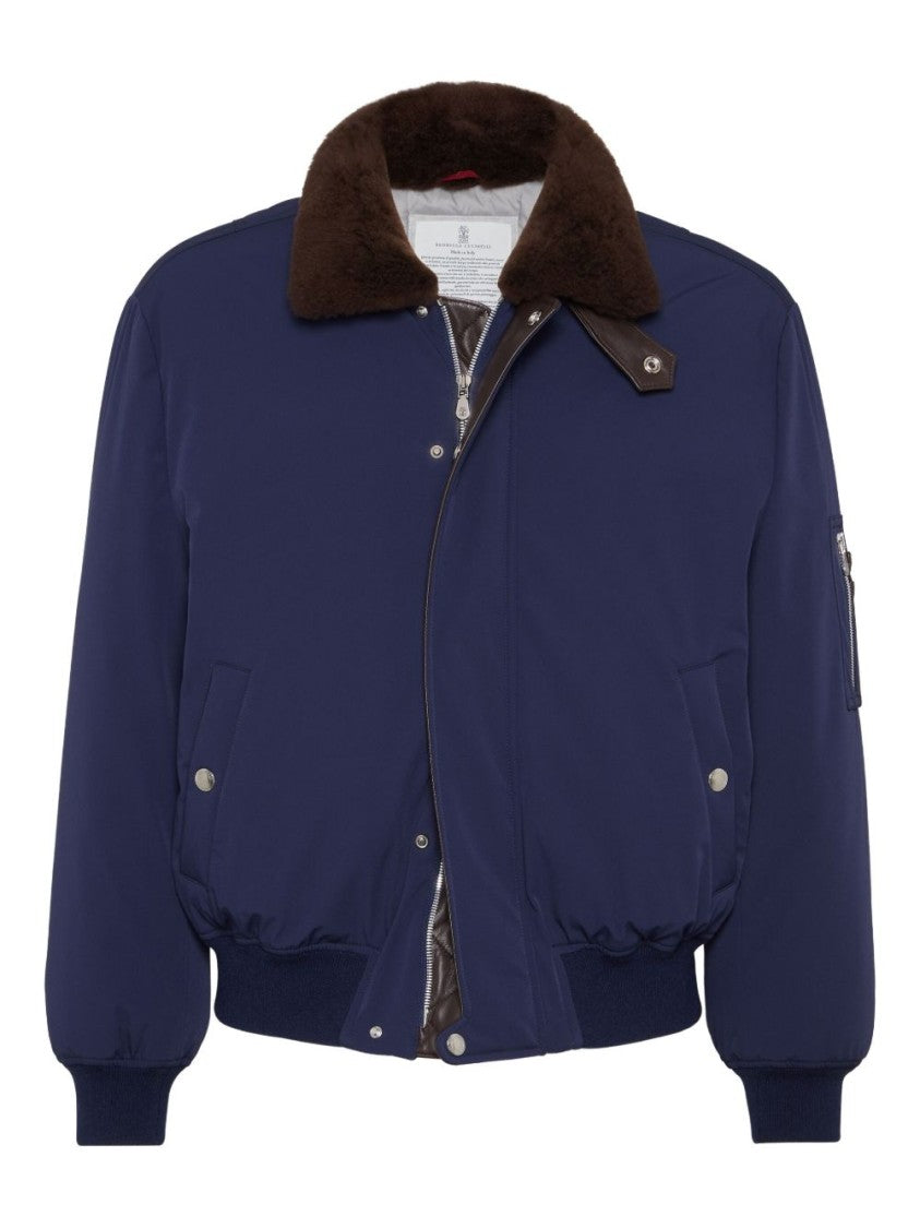 Brunello Cucinelli Padded Deep Blue Jacket With Plush Fur Collar