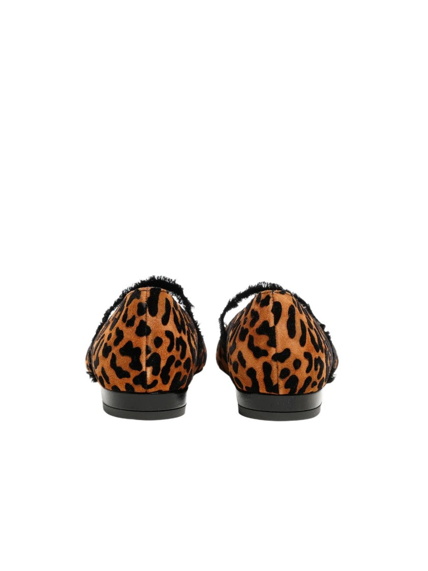 Roberto Festa Pointed Toe Leopard Print Flats With Frayed Black Strap