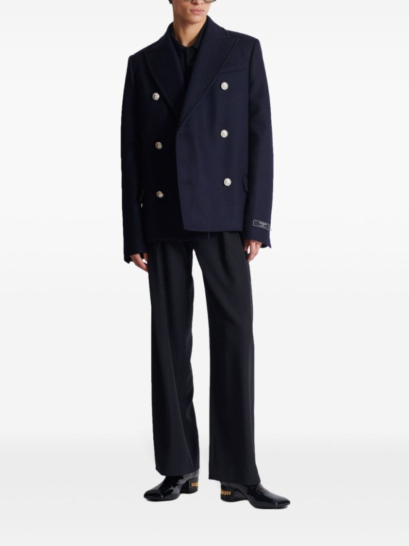 Balmain Navy Blue Virgin Wool Blend Double-Breasted Coat