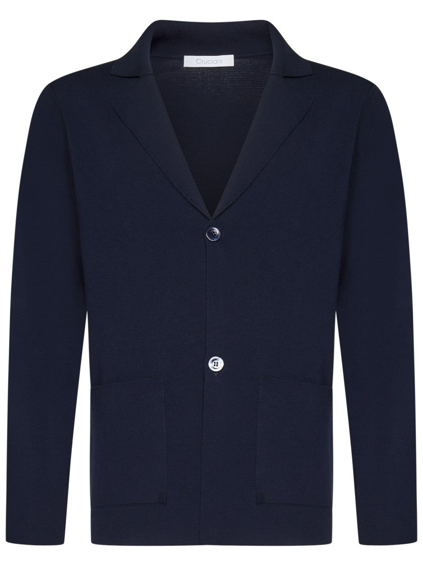 Cruciani Navy Cotton Knit Blazer With Notched Lapels